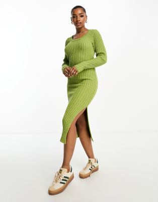 ASOS DESIGN - Midi-Strickkleid aus strukturiertem Garn in Grün mit eckigem Ausschnitt