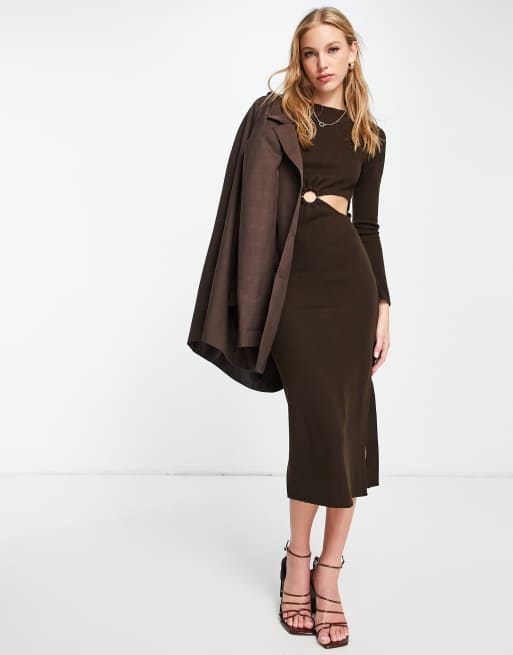 ASOS DESIGN – Midi-Strickkleid in Braun mit Ring-Detail an der Taille, 4 von 4