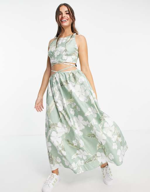 ASOS DESIGN - Midi-sundress med bindebånd og tropisk print i bomuldspoplin