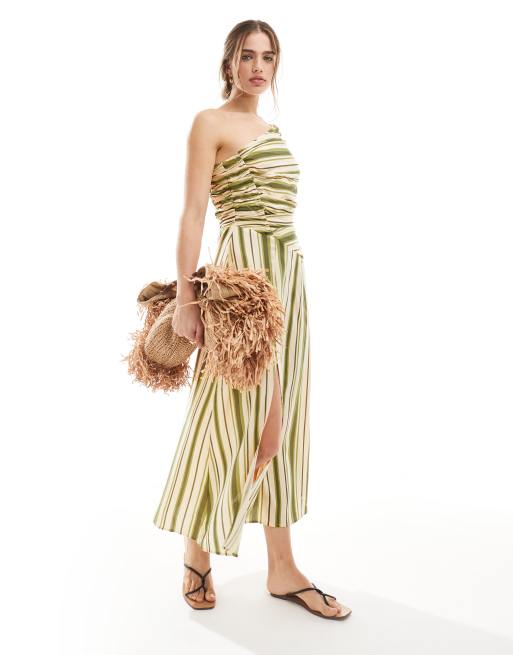 ASOS DESIGN - Midi-sundress med oneshoulder-snit, rynket overdel og fuld nederdel i grønne striber