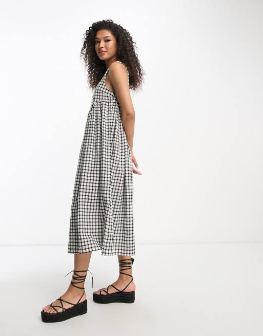 ASOS DESIGN - Midi-sundress med smock-snit og firkantet hals i sort/hvide gingham-tern, 3 af 4