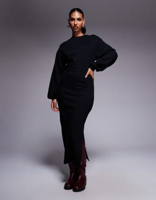 ASOS DESIGN - Midi-Sweatshirt-Kleid aus Baumwolle in Schwarz mit Ballonärmeln
