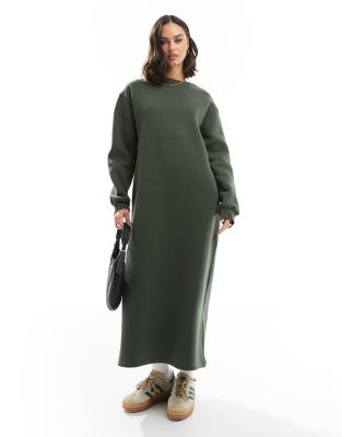 ASOS DESIGN - Midi-Sweatshirt-Kleid in Khakigrün mit Oversize-Schnitt