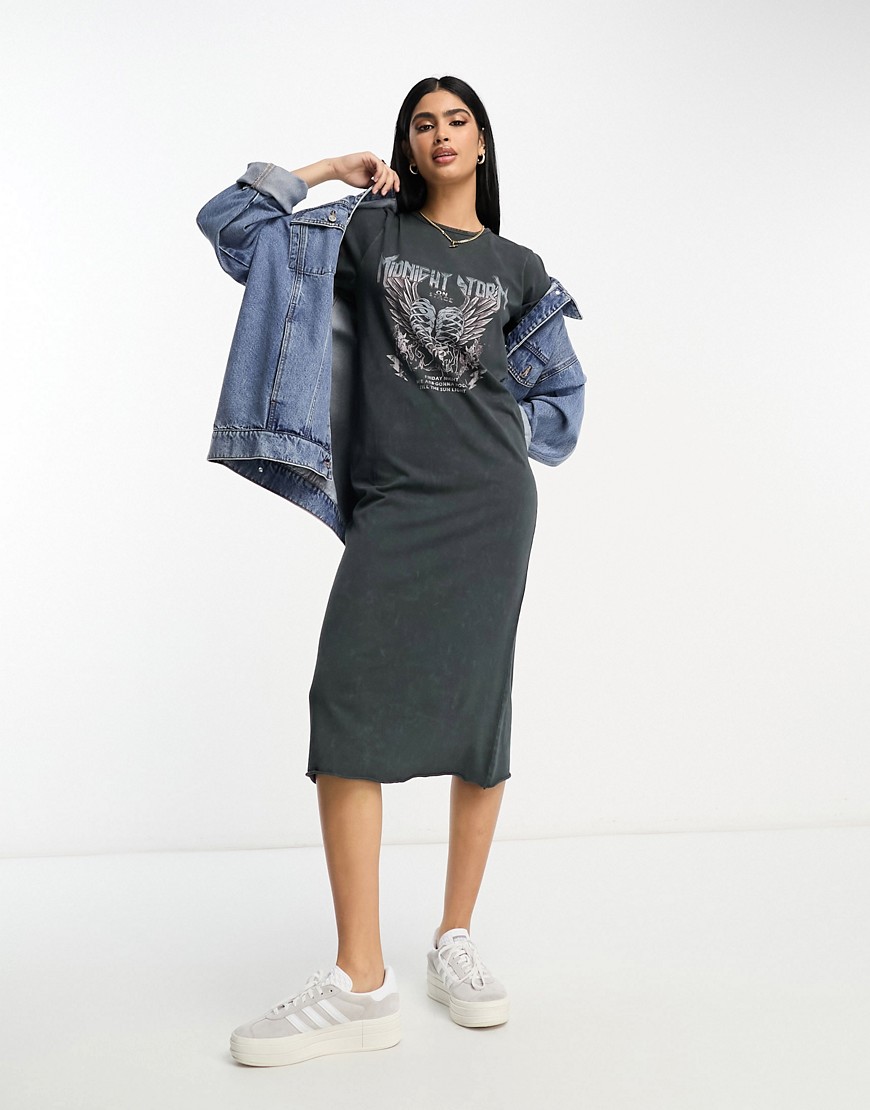 ASOS DESIGN midi t-shirt dress with gothic graphic in washed charcoal-Grey