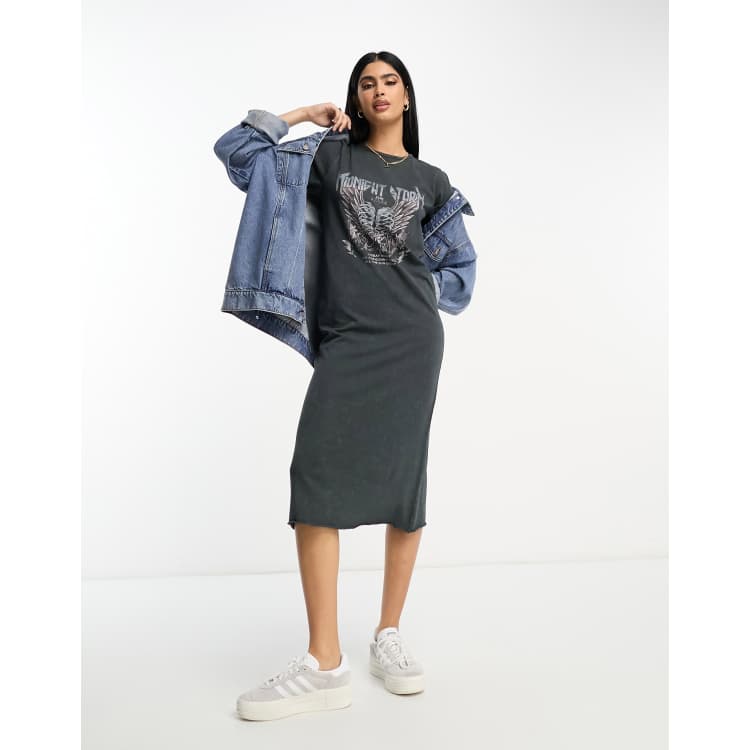 ASOS DESIGN midi t shirt dress with gothic graphic in washed charcoal