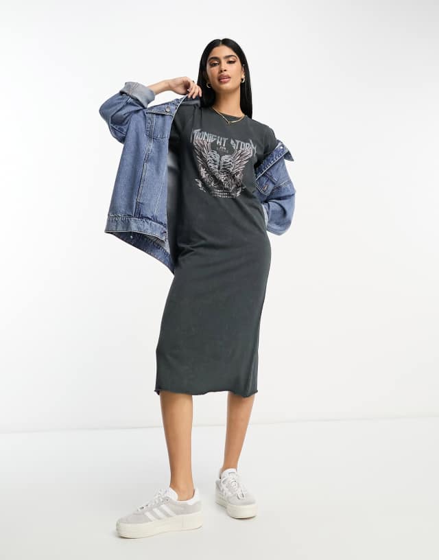 ASOS DESIGN midi t-shirt dress with gothic graphic in washed charcoal