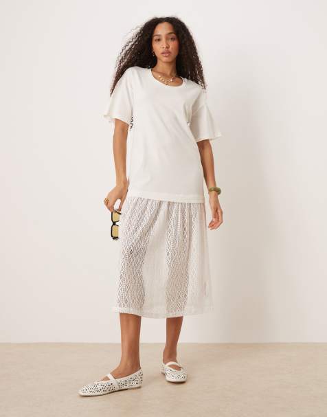 ASOS DESIGN - Midi T-shirtjurk met gehaakte verlaagde taille in wit - view 1