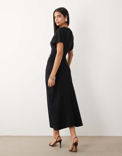 ASOS DESIGN - Midi T-shirtjurk met gerimpelde taille in zwart, 2 van 4
