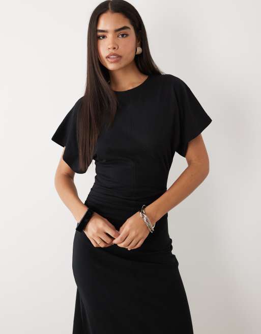 ASOS DESIGN - Midi T-shirtjurk met gerimpelde taille in zwart, 3 van 4