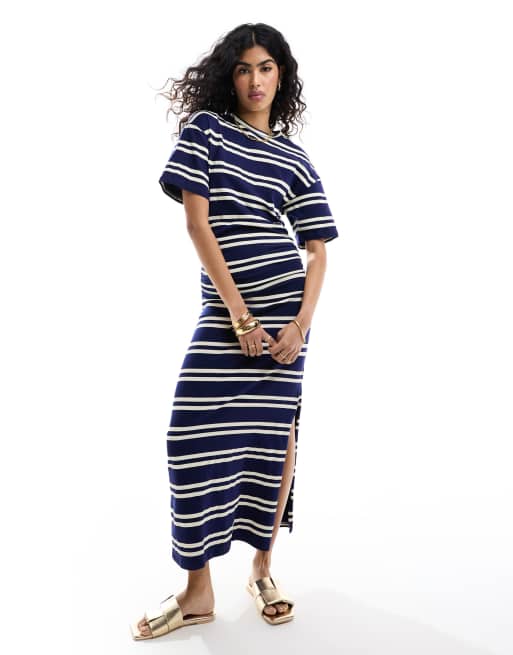 ASOS DESIGN - Midi T-shirtjurk met ronde hals, gerimpelde zijkant en strepen in marineblauw en wit