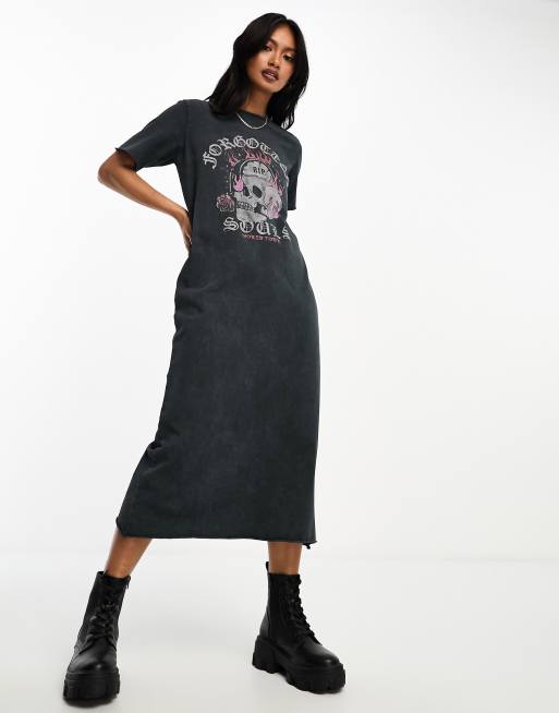 Asos Design Midi T Shirtjurk Met Schedelprint In Antraciet Met