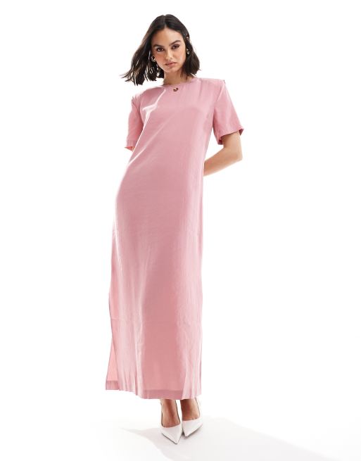 ASOS DESIGN - Midi T-shirtjurk met schoudervulling in oudroze