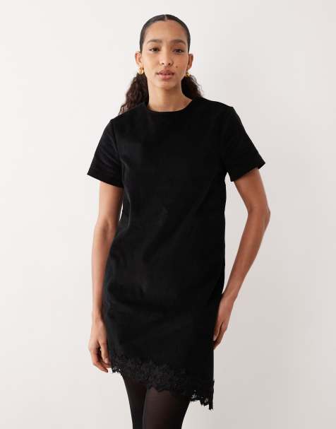 ASOS DESIGN - Midi T-shirtjurk van corduroy met asymmetrische kanten zoom in zwart - view 1