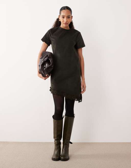 ASOS DESIGN – Midi-T-Shirtkleid aus Cord in Olivgrün mit asymmetrischem Spitzensaum, 2 von 4