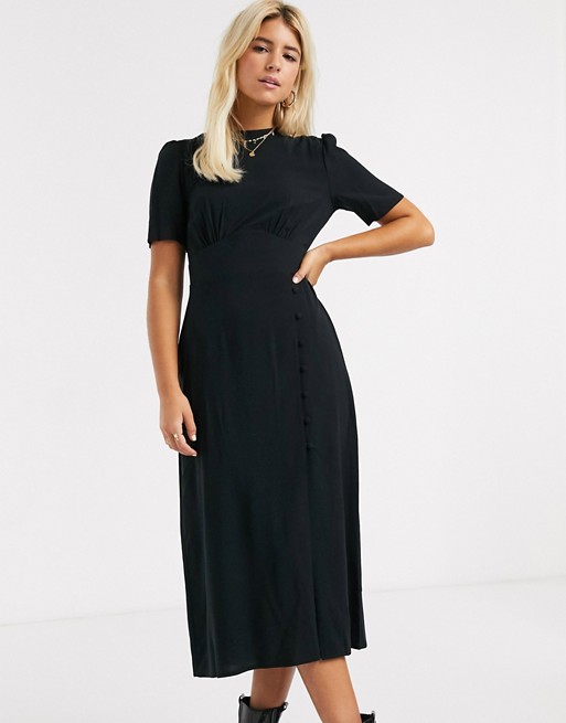 ASOS DESIGN midi tea dress with buttons and split detail in black