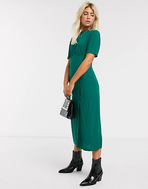 ASOS DESIGN midi tea dress with buttons and split detail in forest ...