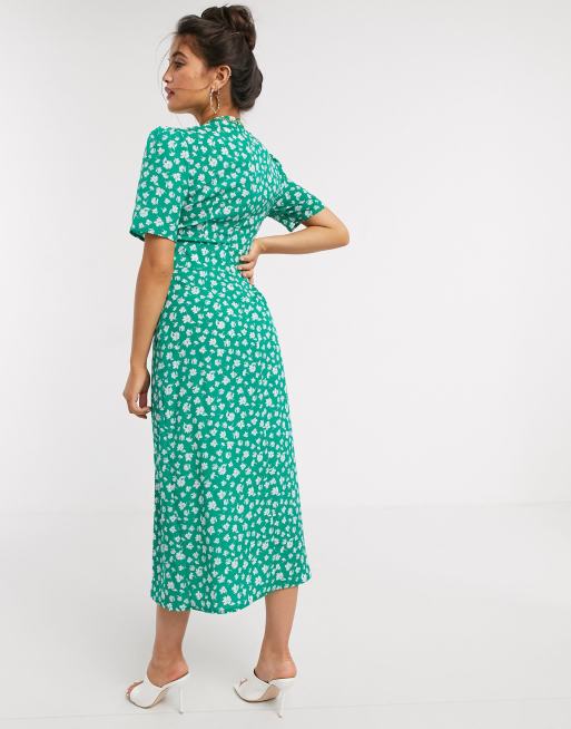 ASOS DESIGN midi tea dress with buttons and split detail in green