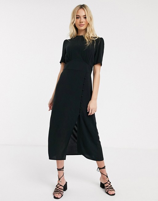 ASOS DESIGN midi tea dress with buttons and split detail in black