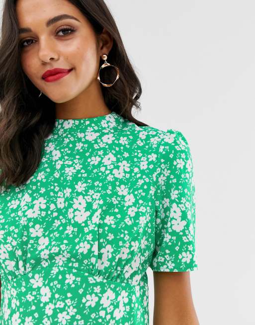 knee length dresses for ladies ASOS DESIGN button through midi Tea dress with drape shoulder detail in  mixed floral print