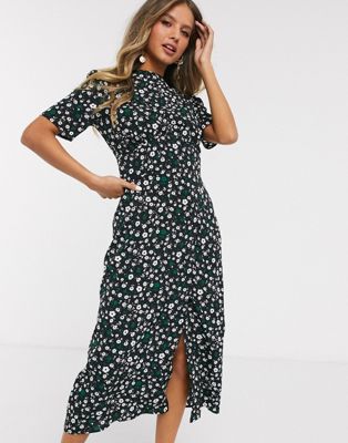 asos design midi tea dress with buttons in floral print
