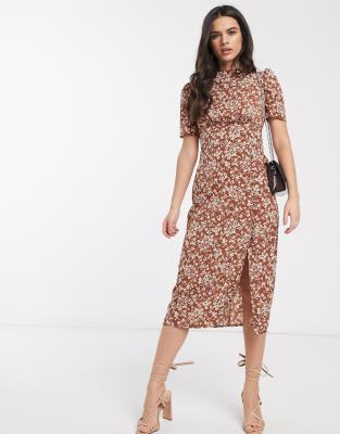 asos design midi tea dress with buttons in floral print