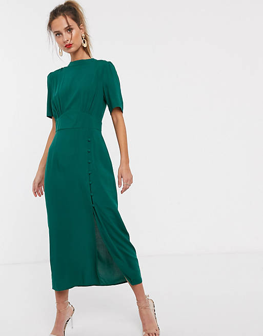 ASOS DESIGN midi tea dress with buttons in forest green | ASOS
