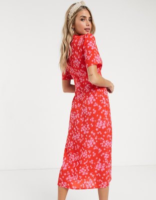 red floral midi tea dress