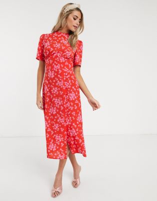 asos design midi tea dress with buttons in floral print