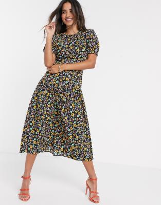 asos design midi tea dress with buttons in floral print