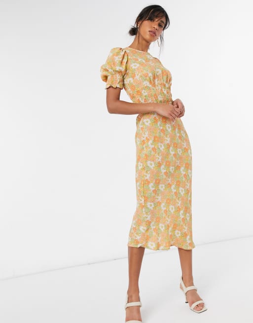 ASOS DESIGN midi tea dress with shirring details in yellow ditsy floral |  ASOS