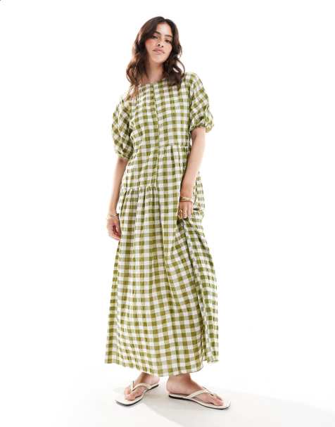 ASOS DESIGN midi tee dress in sage and cream gingham - view 1