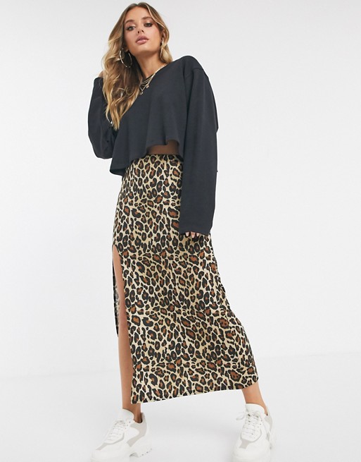 ASOS DESIGN midi thigh split skirt in leopard print