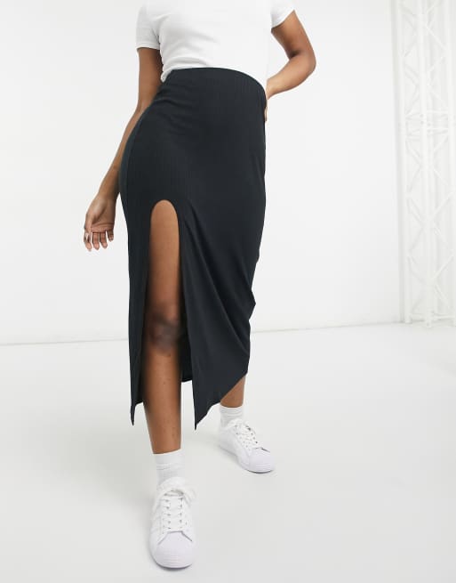 ASOS DESIGN midi thigh split skirt in rib | ASOS