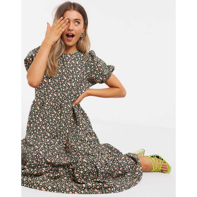 asos black floral midi dress ASOS DESIGN midi tiered smock dress in black floral print