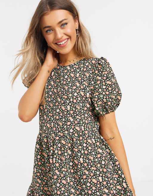 asos black floral midi dress ASOS DESIGN midi tiered smock dress in black floral print