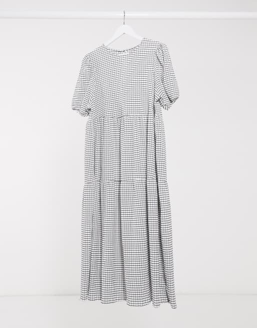 ASOS DESIGN midi tiered smock dress in grid check in white ASOS