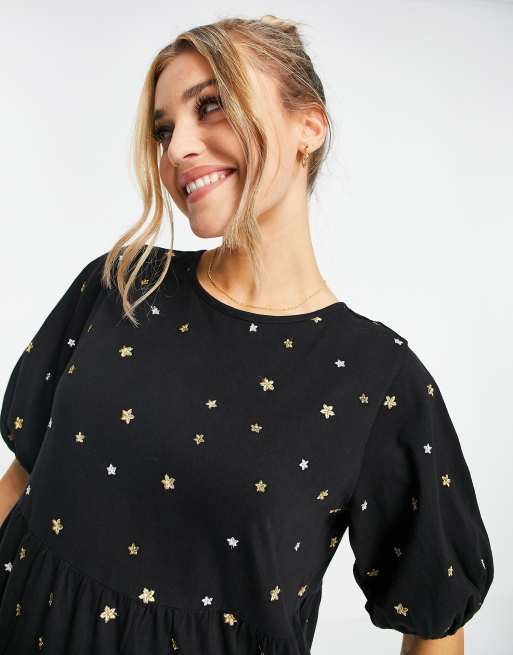 ASOS DESIGN midi tiered smock dress with all over star embroidery in black