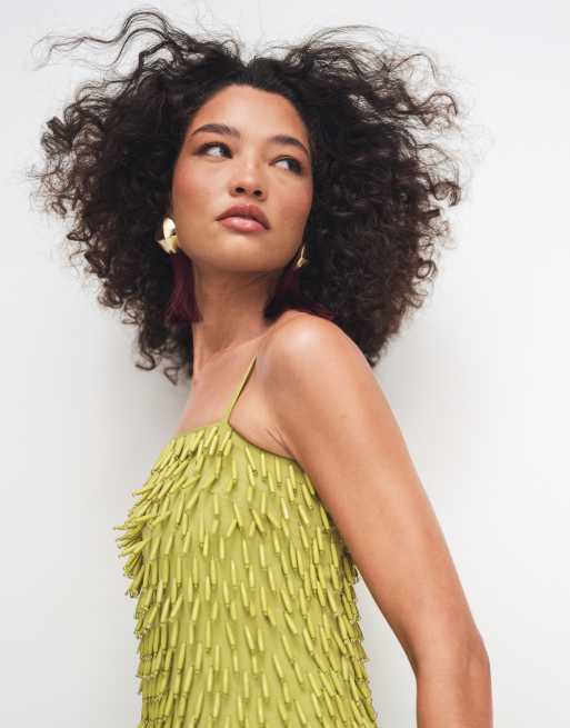 ASOS DESIGN – Midi-Trägerkleid in Olivgrün mit durchgehender Verzierung, 3 von 7