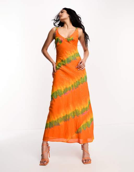 ASOS DESIGN Midi Tragerkleid in Orange mit Korbchendetail und Batik und Metallic Punktemuster