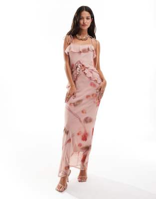 ASOS DESIGN - Midi-Trägerkleid in Rosa mit Rüschen, Bindedetail und Rosenprint-Bunt