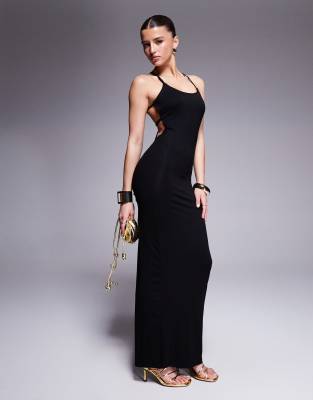 ASOS DESIGn - Midi-Trägerkleid in Schwarz mit eckigem Ausschnitt und Rückenausschnitt