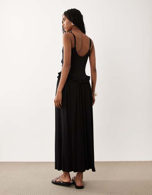 ASOS DESIGN – Midi-Trägerkleid in Schwarz mit geradem Ausschnitt und gerüschter Taille, 4 von 4