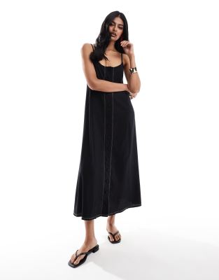 ASOS DESIGN - Midi-Trägerkleid in Schwarz mit Kontrastnaht und Knopfleiste