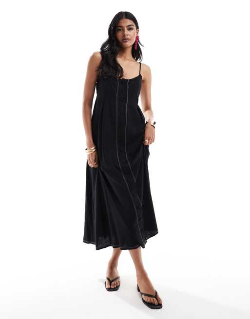 ASOS DESIGN – Midi-Trägerkleid in Schwarz mit Kontrastnaht und Knopfleiste, 3 von 4