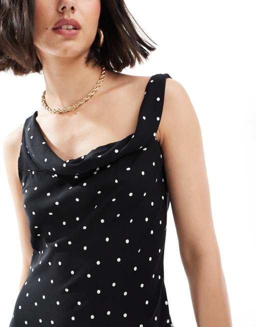 ASOS DESIGN – Midi-Trägerkleid in Schwarzweiß gepunktet mit Wasserfallausschnitt, 2 von 4