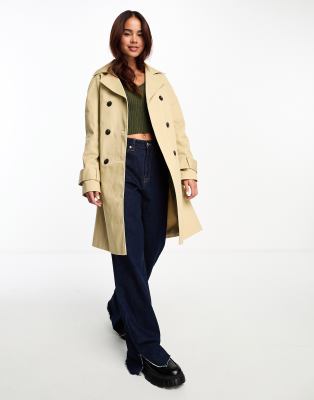 Asos Design Midi Trench Coat In Stone-neutral | ModeSens
