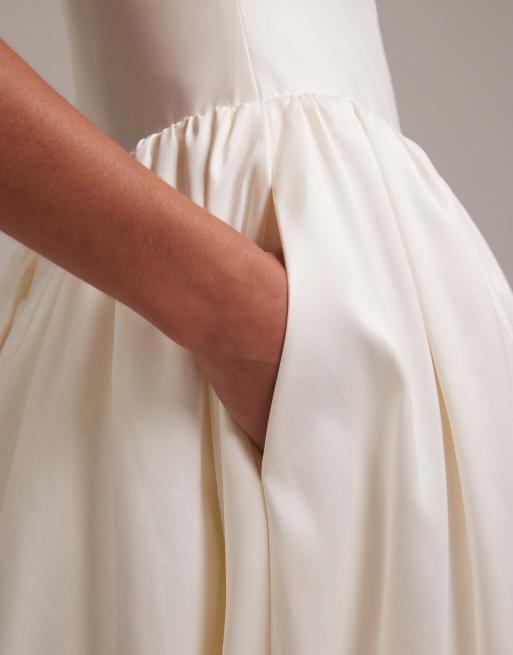 ASOS DESIGN - Midi-trouwjurk met vierkante hals, structuur en volle rok in ivoorwit, 4 van 6
