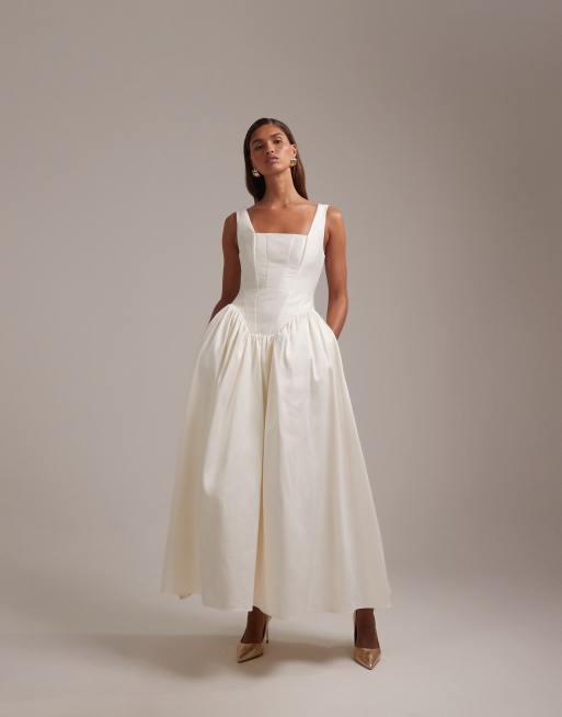 ASOS DESIGN - Midi-trouwjurk met vierkante hals, structuur en volle rok in ivoorwit, 5 van 6