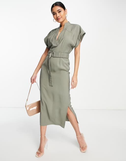 ASOS DESIGN - Midi utility-kokerjurk met D-vormige riem in kaki