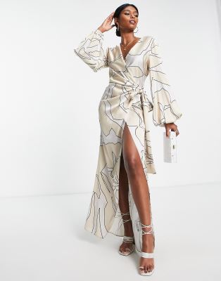 ASOS DESIGN - Midi-Wickelkleid aus Satin in Beige mit überdimensionalen Ärmeln, Rückenausschnitt und abstraktem Print-Ne...